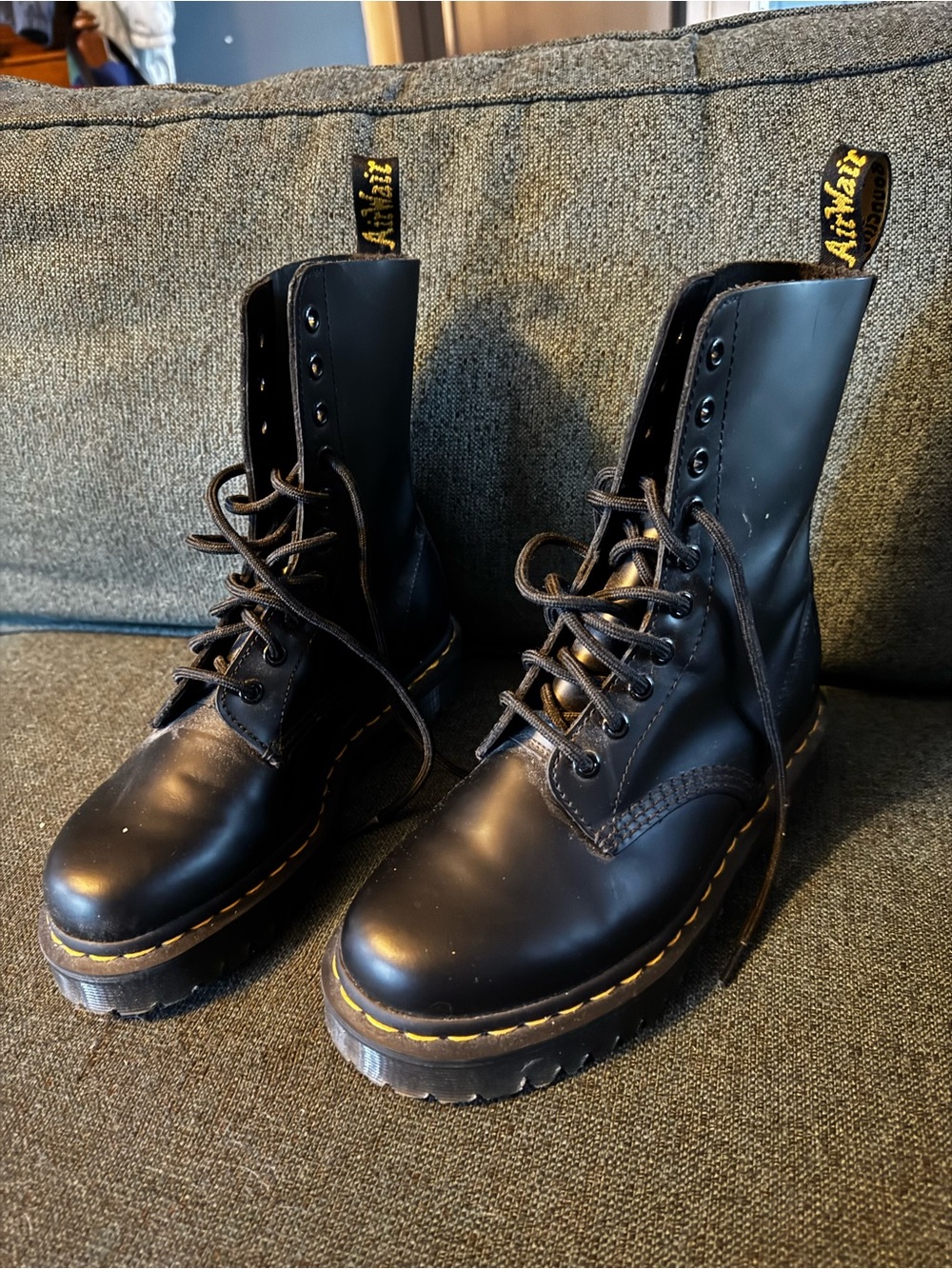 Dr. Martens Black Leather Lace-Up Platform Boots with Yellow Stitching